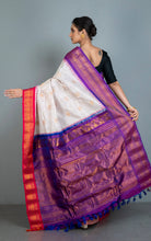 Exclusive Woven Ganja Jamuna Border Checks Gadwal Silk Saree in Off White, Purple, Red and Golden Zari Weave