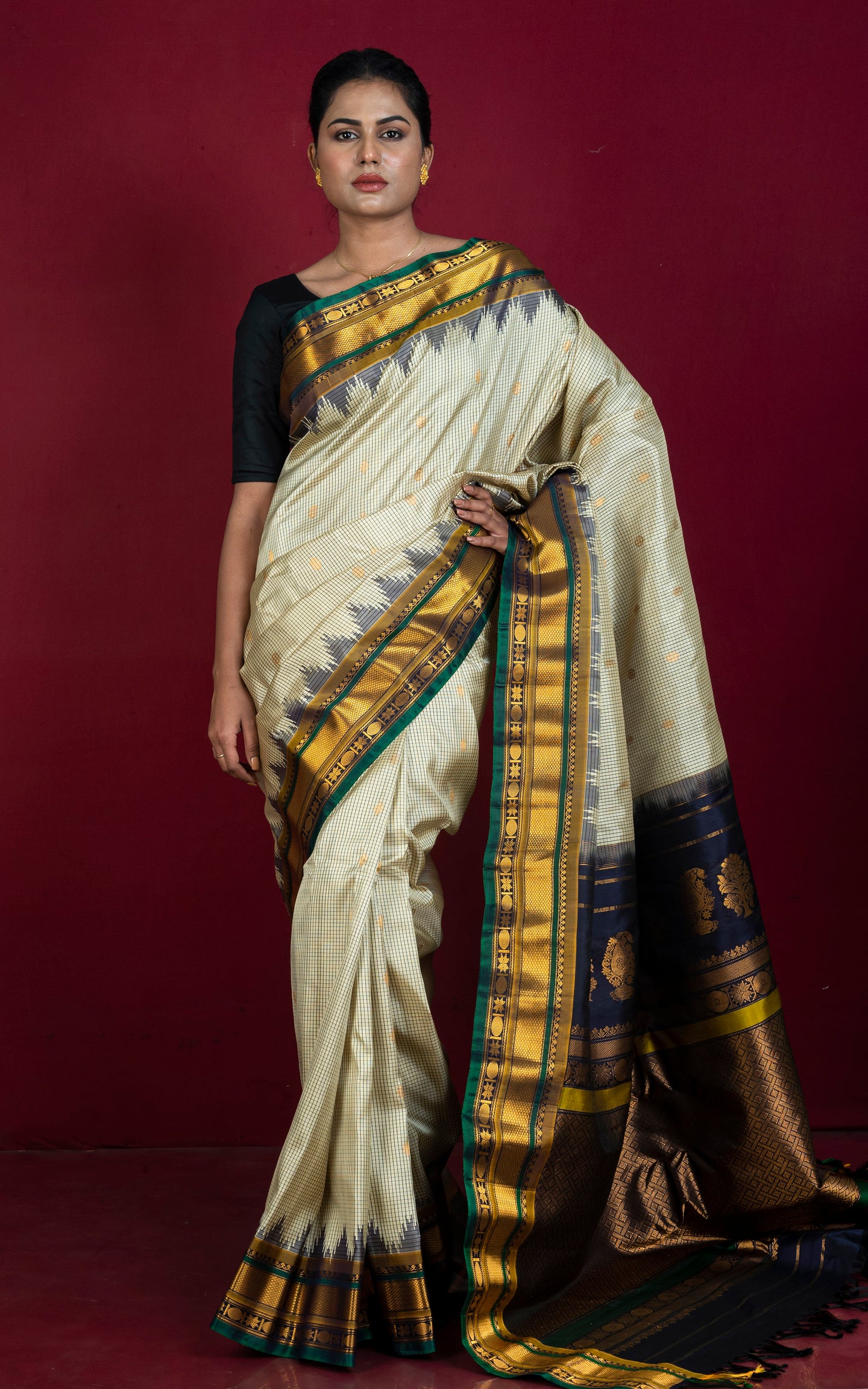 Exclusive Micro Checks Gadwal Silk Saree in Beige, Black, Dark Green and Golden Zari Work