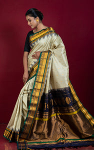 Exclusive Micro Checks Gadwal Silk Saree in Beige, Black, Dark Green and Golden Zari Work