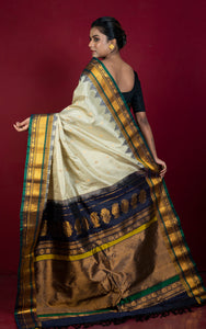 Exclusive Micro Checks Gadwal Silk Saree in Beige, Black, Dark Green and Golden Zari Work