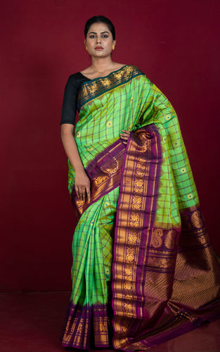 Exclusive Woven Mahapar Ganga Jamuna Border Checks Gadwal Silk Saree in Apple Green, Palatinate Purple, Sherpa Blue and Golden Zari Weave