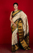 Exclusive Woven Checks Pattern with Mahapar Maharani Border Gadwal Silk Saree in Fawn, Off White, Black and Emerald Green