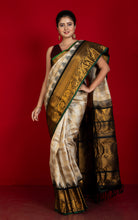 Exclusive Woven Checks Pattern with Mahapar Maharani Border Gadwal Silk Saree in Fawn, Off White, Black and Emerald Green