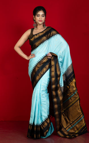 Exclusive Micro Checks Gadwal Silk Saree in Powder Blue, Off White, Black and Golden Zari Work