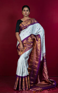 Exclusive Mahapar Maharani Gadwal Silk Saree in Cloud Blue, Palatinate Purple and Golden Zari Weave