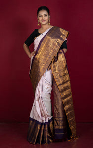 Exclusive Mahapar Maharani Gadwal Silk Saree in Oyster Pink, Wine Berry and Golden Zari Weave