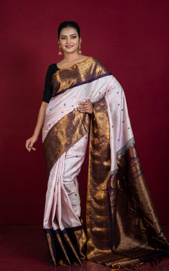Exclusive Mahapar Maharani Gadwal Silk Saree in Oyster Pink, Wine Berry and Golden Zari Weave