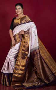 Exclusive Mahapar Maharani Gadwal Silk Saree in Oyster Pink, Wine Berry and Golden Zari Weave