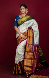 Exclusive Mahapar Gadwal Silk Saree in Stone Beige, Wine, Dark Green, Navy Blue and Golden Zari Weave