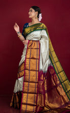 Exclusive Mahapar Gadwal Silk Saree in Stone Beige, Wine, Dark Green, Navy Blue and Golden Zari Weave