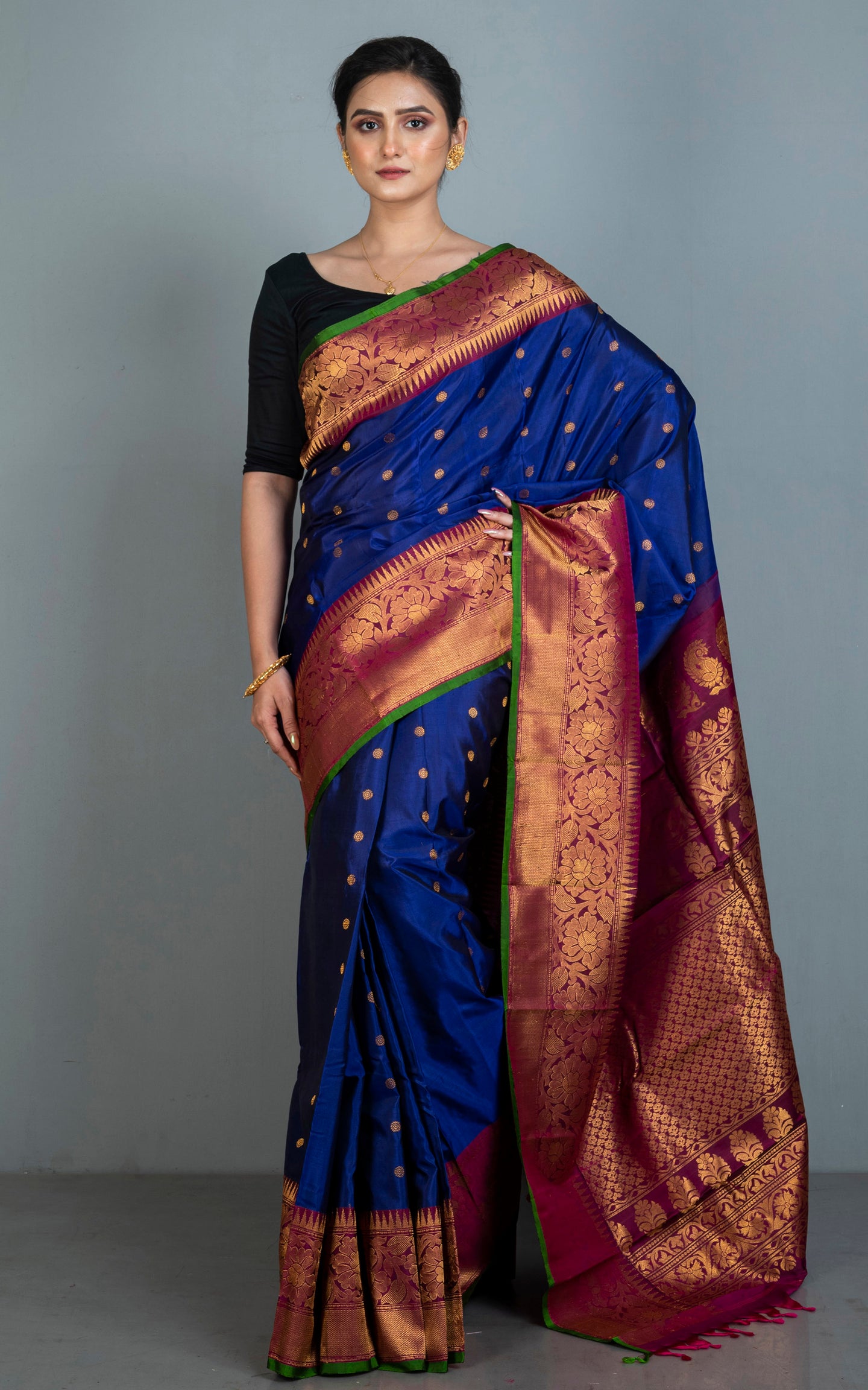 Exclusive Mahapar Nakshi Border Gadwal Silk Saree in Deep Royal Blue, Magenta, Bright Green and Golden Zari Work