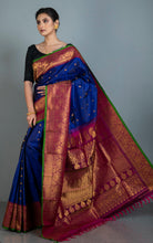 Exclusive Mahapar Nakshi Border Gadwal Silk Saree in Deep Royal Blue, Magenta, Bright Green and Golden Zari Work