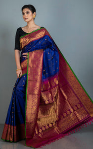 Exclusive Mahapar Nakshi Border Gadwal Silk Saree in Deep Royal Blue, Magenta, Bright Green and Golden Zari Work