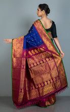 Exclusive Mahapar Nakshi Border Gadwal Silk Saree in Deep Royal Blue, Magenta, Bright Green and Golden Zari Work