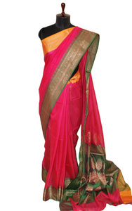 Traditional Ganga Jamuna Border Cotton Kota Checks Gadwal Saree with Rich Pallu in Hot Pink , Pastel Orange and Forest Green