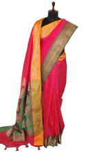 Traditional Ganga Jamuna Border Cotton Kota Checks Gadwal Saree with Rich Pallu in Hot Pink , Pastel Orange and Forest Green