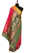Traditional Ganga Jamuna Border Cotton Kota Checks Gadwal Saree with Rich Pallu in Hot Pink , Pastel Orange and Forest Green