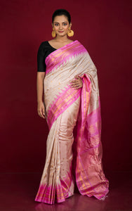 Woven Micro Checks Exclusive Gadwal Silk Saree in Summer White, Pink and Golden Zari Weave