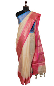Traditional Ganga Jamuna Border Cotton Kota Checks Gadwal Saree with Rich Pallu in Parmesan, Hot Pink and Blue