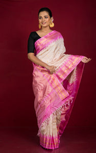 Woven Micro Checks Exclusive Gadwal Silk Saree in Summer White, Pink and Golden Zari Weave