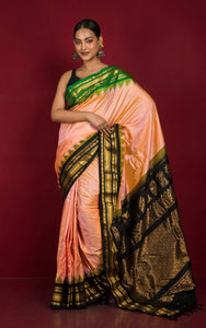 Handwoven Exclusive Gadwal Silk Saree in Peach, Bright Green, Black and Golden Zari Work