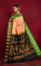 Handwoven Exclusive Gadwal Silk Saree in Peach, Bright Green, Black and Golden Zari Work