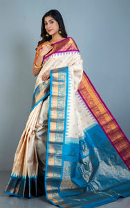 Exclusive Gadwal Silk Saree in Light Beige, Purple, Azure Blue and Golden Zari Weave