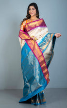 Exclusive Gadwal Silk Saree in Light Beige, Purple, Azure Blue and Golden Zari Weave