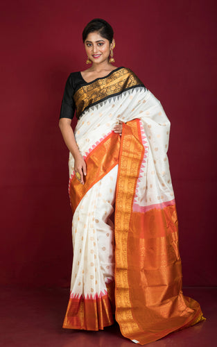 Exclusive Gadwal Silk Saree in Off White, Black, Burnt Orange and Golden Zari Weave