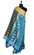 Traditional Ganga Jamuna Border Cotton Kota Checks Gadwal Saree with Rich Pallu in Phthalo Green, Blue and Yellow