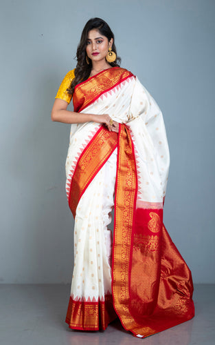 Handwoven Exclusive Gadwal Silk Saree in Off White, Red and Golden Zari Work