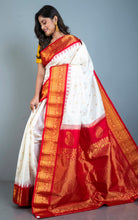 Handwoven Exclusive Gadwal Silk Saree in Off White, Red and Golden Zari Work