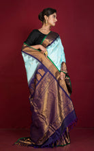 Exclusive Mahapar Gadwal Silk Saree in Baby Blue, Navy Blue, Dark Green and Golden Zari Weave
