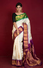Exclusive Gadwal Silk Saree in Off White, Mulberry Purple, Natural Green and Golden Zari Weave