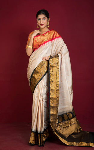 Exclusive Gadwal Silk Saree in Champagne, Red, Black and Golden Zari Weave