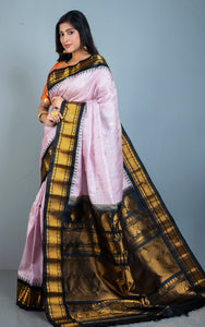 Exclusive Micro Checks Gadwal Silk Saree in Light Pastel Pink, Black and Golden Zari Work