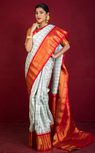 Exclusive Woven Mahapar Contrast Checks Gadwal Silk Saree in Icy Blue, Red and Golden Zari Weave