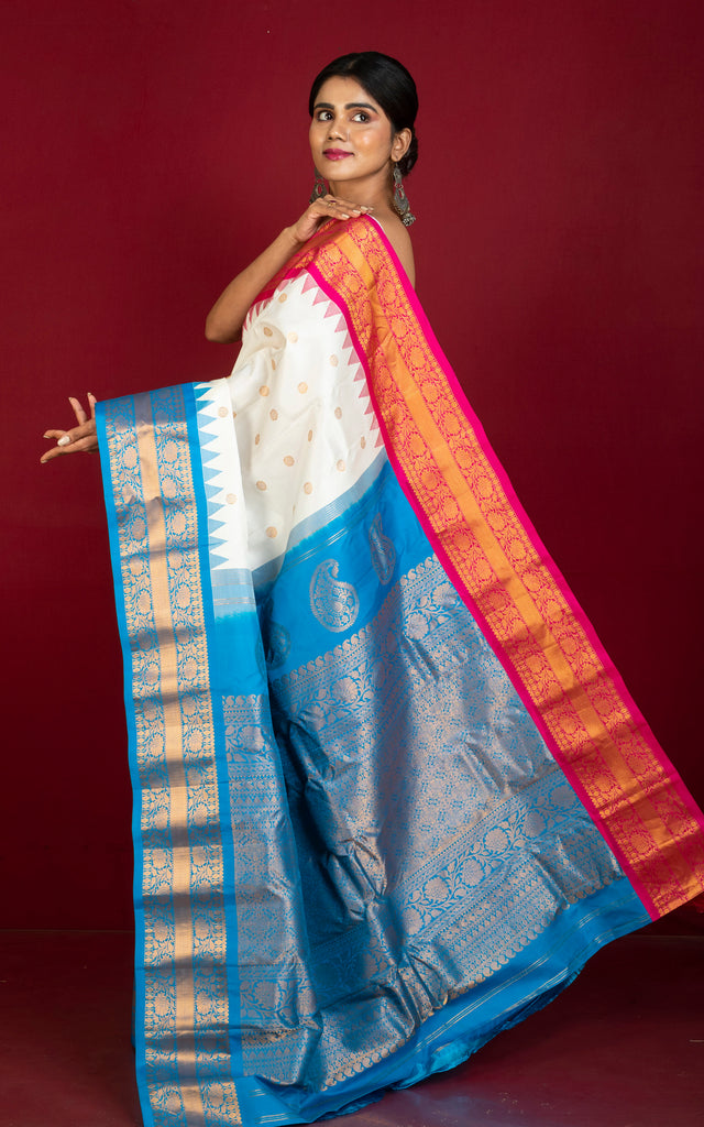 Exclusive Gadwal Silk Saree in Off White, Hot Pink, Azure Blue and Gol ...