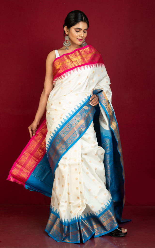 Exclusive Gadwal Silk Saree in Off White, Hot Pink, Azure Blue and Gol ...