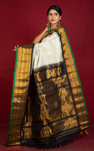 Exclusive Woven Mahapar Contrast Checks Gadwal Silk Saree in Pearl White, Black, Green and Golden Zari Weave