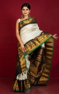 Exclusive Woven Mahapar Contrast Checks Gadwal Silk Saree in Pearl White, Black, Green and Golden Zari Weave