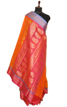 Traditional Ganga Jamuna Border Cotton Kota Checks Gadwal Saree with Rich Pallu in Orange, Blue and Hot Pink