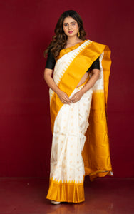Handwoven Exclusive Gadwal Silk Saree in Off White, Mustard Golden and Golden Zari Work