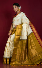 Exclusive Woven Ganja Jamuna Border Gadwal Silk Saree in Off White, Maroon, Henna Green and Golden Zari Weave