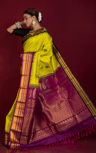 Exclusive Woven Ganja Jamuna Border Gadwal Silk Saree in Vibrant Green, Black, Purple and Golden Zari Weave