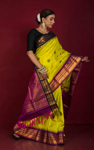 Exclusive Woven Ganja Jamuna Border Gadwal Silk Saree in Vibrant Green, Black, Purple and Golden Zari Weave