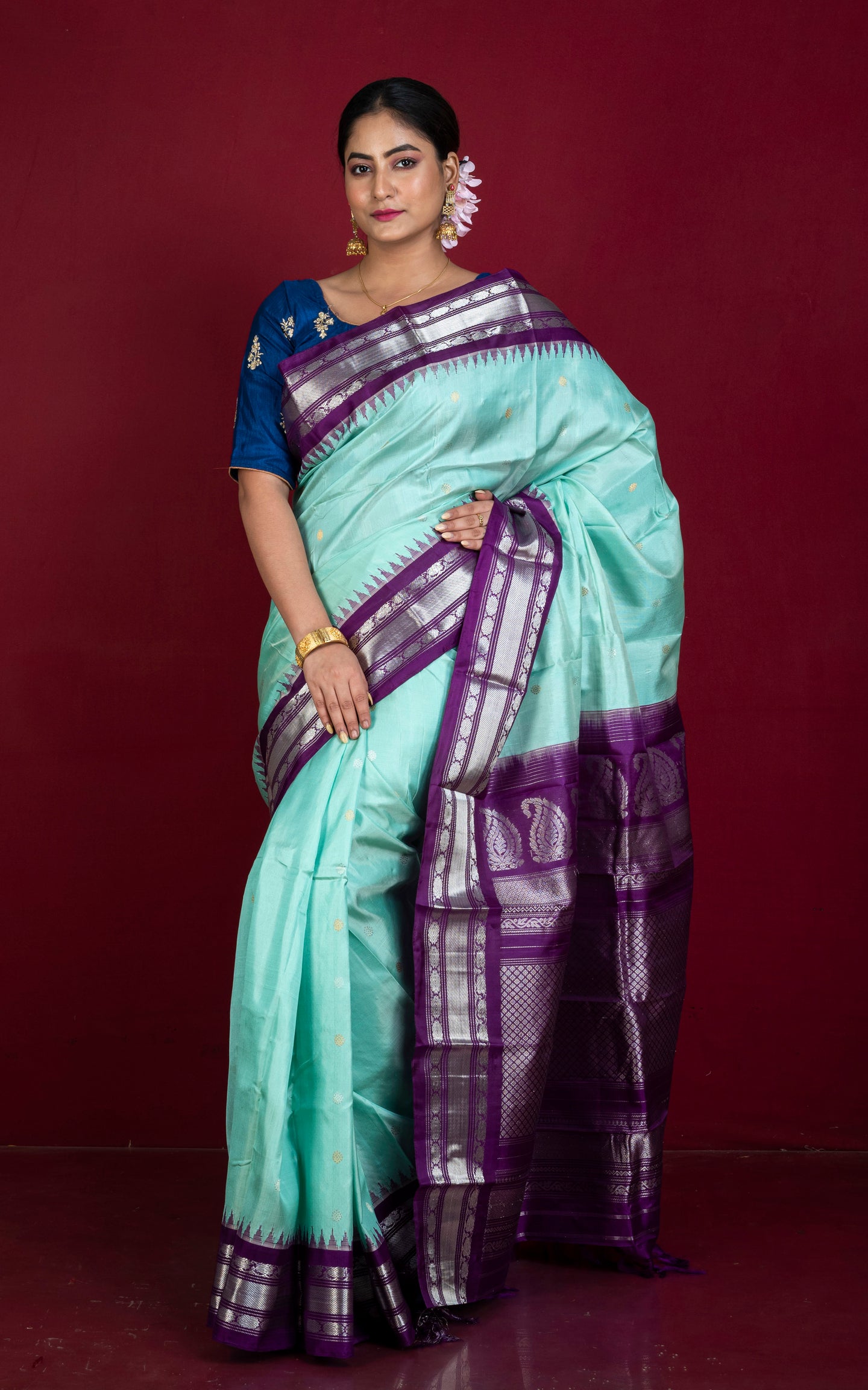 Handwoven Exclusive Gadwal Silk Saree in Aqua Green, Luxury Purple and Silver Zari Work