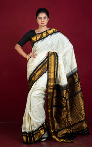 Handwoven Exclusive Kuttu Gadwal Silk Saree in Off White, Black and Golden Zari Work