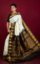 Handwoven Exclusive Kuttu Gadwal Silk Saree in Off White, Black and Golden Zari Work