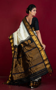 Handwoven Exclusive Kuttu Gadwal Silk Saree in Off White, Black and Golden Zari Work